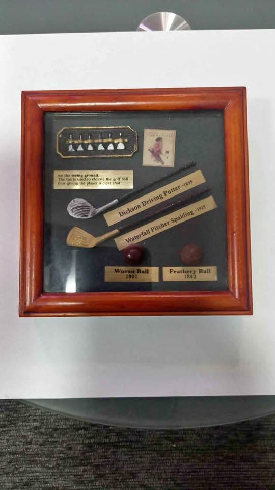 Vintage History of Golf Shadow Box – Miniature Replica Collection: Dickson Putter, Spalding Pitcher & Historic Balls